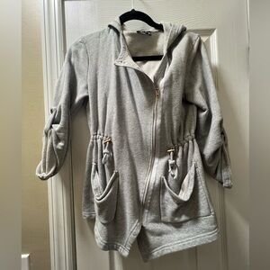 Asymmetrical grey zip up hooded cardigan.